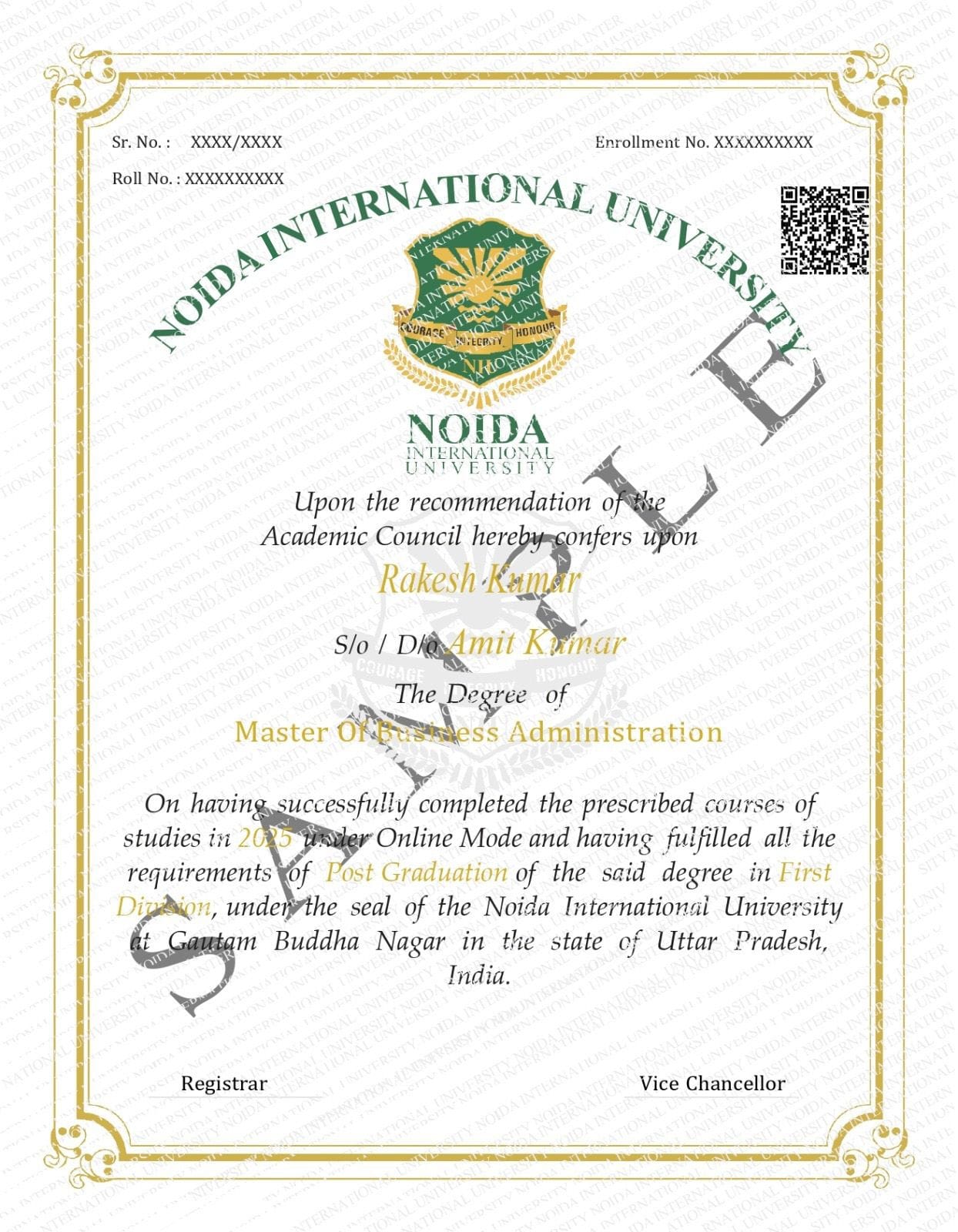 Sample certificate